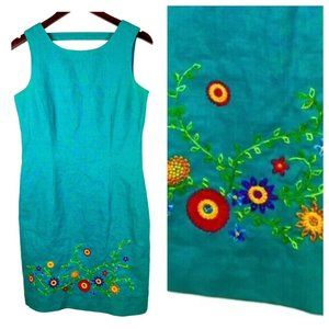 John Roberts 8 Medium Shift Dress 100% LINEN Teal Floral Embroidered Slvss